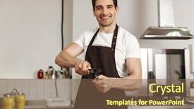  Presentation with cook chef - Slides featuring sharpener - happy young man chef cook background and a  colored foreground