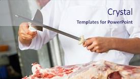  Presentation with butcher - Presentation theme consisting of sharpener - midsection of female butcher sharpening background and a sky blue colored foreground