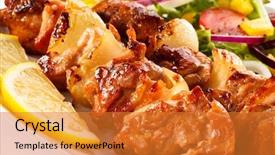  Presentation with dairy produce meat vegetables - Presentation theme featuring shashlik - grilled meat and vegetables background and a  colored foreground