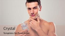  Presentation with lotion - Colorful presentation theme enhanced with shaving - handsome young man applying lotion backdrop and a coral colored foreground