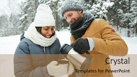  Presentation with winter forest night - Slide set featuring she holding mug in winter background and a coral colored foreground