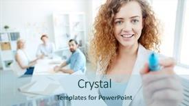  Presentation with writing pen - Slide set consisting of she holding papers and writing background and a light blue colored foreground