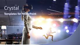  Presentation with world - Theme with she-is-in-3d-world background and a navy blue colored foreground