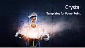  Presentation with magician - Slide deck enhanced with restaraunt - she is magician as cook background and a navy blue colored foreground