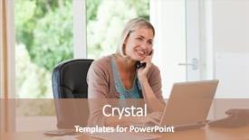  Presentation with mobile phone in woman hand - PPT theme enhanced with she is phoning at home background and a coral colored foreground