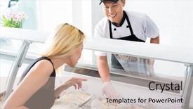  Presentation with friendly - Slides enhanced with friendly smiling deli worker helping background and a soft green colored foreground