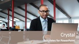  Presentation with laptop - Cool new slides with sheduling - handsome businessman working and using backdrop and a coral colored foreground