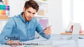  Presentation with office desk reception - Slides with sheduling - young man architect holding ruler background and a light blue colored foreground