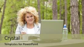  Presentation with young man holdng laptop on lap money - Slides featuring sheduling - young woman using laptop background and a mint green colored foreground