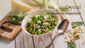  Presentation with broad - Theme featuring sheep cheese with broad beans pine nuts and mint leaf background and a coral colored foreground