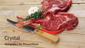  Presentation with raw meat beef veal shank - Colorful theme enhanced with sheep cows - fresh meat raw beef spare backdrop and a coral colored foreground