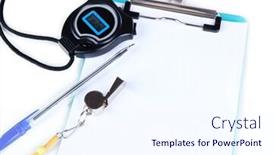  Presentation with whistle - Beautiful PPT theme featuring sheet of paper stopwatch and whistle isolated on white backdrop and a sky blue colored foreground