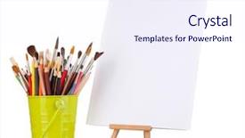  Presentation with art supplies - Audience pleasing PPT theme consisting of sheet of paper with art backdrop and a sky blue colored foreground