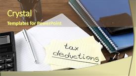  Presentation with notebook paper - PPT layouts with paper sheet with text tax deductions calculator and open notebook on wooden table background and a tawny brown colored foreground