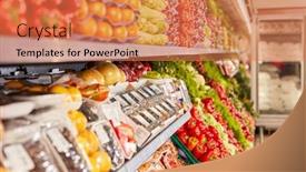  Presentation with fresh fruits vegetables - Theme with shelf-with-a-large-selection background and a coral colored foreground