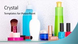  Presentation with herbal cosmetics - Audience pleasing slide deck consisting of shelf with cosmetics and toiletries backdrop and a sky blue colored foreground