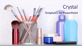  Presentation with cosmetics - Cool new PPT layouts with shelf with cosmetics and toiletries backdrop and a  colored foreground