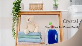  Presentation with detergent powders - Beautiful PPT theme featuring shelf-with-powders-towels backdrop and a soft green colored foreground