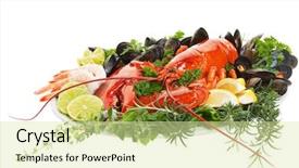  Presentation with seafood dis - Cool new presentation design with shell fish - fresh seafood dish with lobster backdrop and a soft green colored foreground