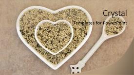  Presentation with china food - PPT layouts enhanced with shelled hemp seed health food in heart shaped china bowl and spoon on natural hemp paper background background and a coral colored foreground
