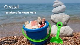  Presentation with shells - Slides having shells on the beach in colorful bucket with stacked pebbles background and a teal colored foreground