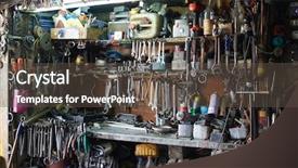  Presentation with mechanic tools - Slide set with shelves filled with different arranged background and a  colored foreground