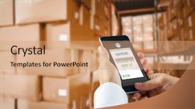  Presentation with smartphone - Slide deck enhanced with shelves with boxes in warehouse background and a coral colored foreground