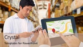  Presentation with tablet - Amazing PPT layouts having shelves with boxes in warehouse backdrop and a coral colored foreground