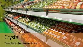  Presentation with labels food - Presentation with shelves with fruits in food background and a gold colored foreground