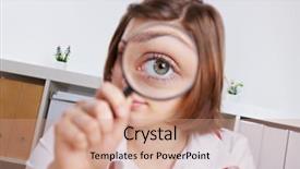  Presentation with eye glass - Beautiful slides featuring sherlock holmes - woman in office looking backdrop and a coral colored foreground