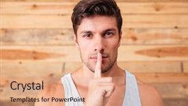  Presentation with wooden - Colorful slide set enhanced with shhh - closeup of attrative young man backdrop and a  colored foreground