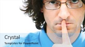  Presentation with personal protective equipment safety glasses - Theme with shhh - portrait of serious businessman background and a  colored foreground