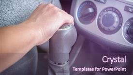  Presentation with automobile driver hand hold steering - PPT theme consisting of shift lever operating manual gearbox background and a tawny brown colored foreground
