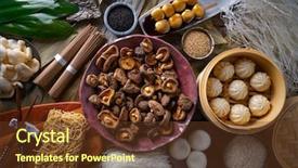  Presentation with asian food - Cool new PPT layouts with shiitake rice dumplings steamed pork backdrop and a tawny brown colored foreground