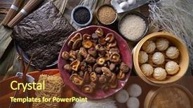  Presentation with asian food - Slide deck consisting of shiitake rice dumplings steamed pork background and a tawny brown colored foreground