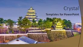  Presentation with japan castle - Slide deck featuring shimabara japan townscape at the castle at night background and a teal colored foreground