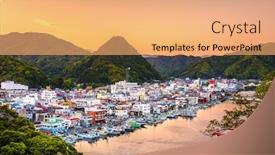  Presentation with skyline - Theme having shimoda-japan-town-skyline background and a coral colored foreground