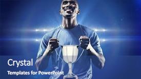  Presentation with trophy - Beautiful PPT theme featuring shining pride - happy athlete holding trophy looking backdrop and a ocean colored foreground