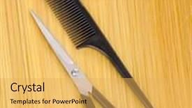  Presentation with shiny - Presentation theme having shiny blond hair with hair cutting shears and comb close-up background and a yellow colored foreground