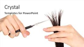  Presentation with hair tools and hairdressing concept - PPT layouts having shiny brown hair in hairdresser' background and a white colored foreground