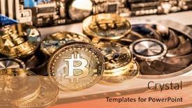  Presentation with record keeping - Presentation design having shiny physical bitcoins and record-keeping equipment mining farm background and a coral colored foreground