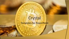  Presentation with blockchain technology - PPT theme consisting of shiny physical bitcoins on golden background and a yellow colored foreground