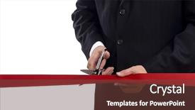  Presentation with ribbon cutting grand opening - Theme enhanced with shiny scissors grand opening background and a tawny brown colored foreground