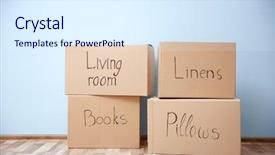  Presentation with boxes light - Colorful PPT theme enhanced with house text - moving boxes in room backdrop and a sky blue colored foreground