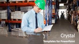  Presentation with writing notes - Colorful theme enhanced with logistics - young male supervisor writing notes backdrop and a gray colored foreground