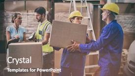  Presentation with warehouse cold storage - Slide set featuring ship builbing industry - coworkers looking at each other background and a violet colored foreground