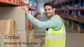  Presentation with warehouse - Audience pleasing slides consisting of ship building - worker is smiling and posing backdrop and a coral colored foreground