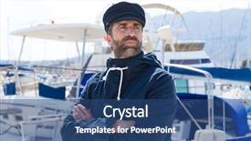  Presentation with marina - Presentation design featuring ship captain - sailor man in marina port background and a ocean colored foreground