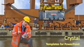  Presentation with commercial - Slide deck featuring ship cargo - customs officer checking the unloading background and a tawny brown colored foreground