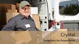  Presentation with shipping - PPT layouts with ship cargo handling - elderly delivery man with parcel background and a coral colored foreground
